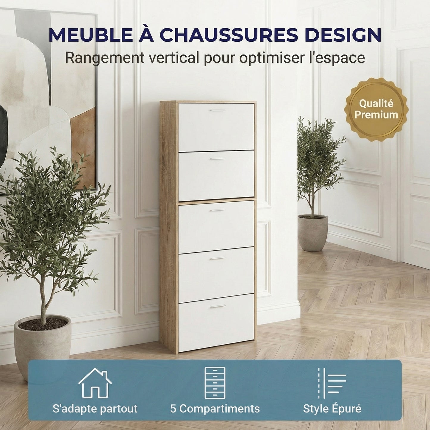 Meuble à chaussures fin avec 5 compartiments à rabat, armoire à chaussures en bois pour jusqu'à 15 paires, organisateur d'entrée peu encombrant
