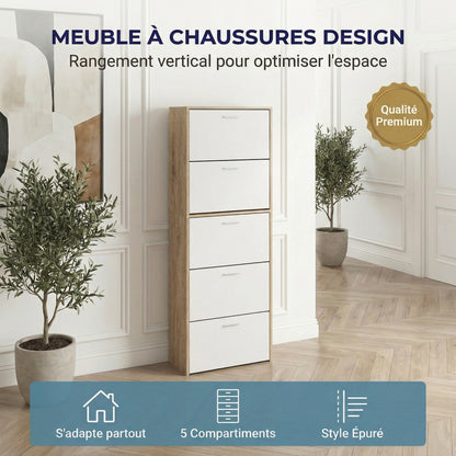 Meuble à chaussures fin avec 5 compartiments à rabat, armoire à chaussures en bois pour jusqu'à 15 paires, organisateur d'entrée peu encombrant