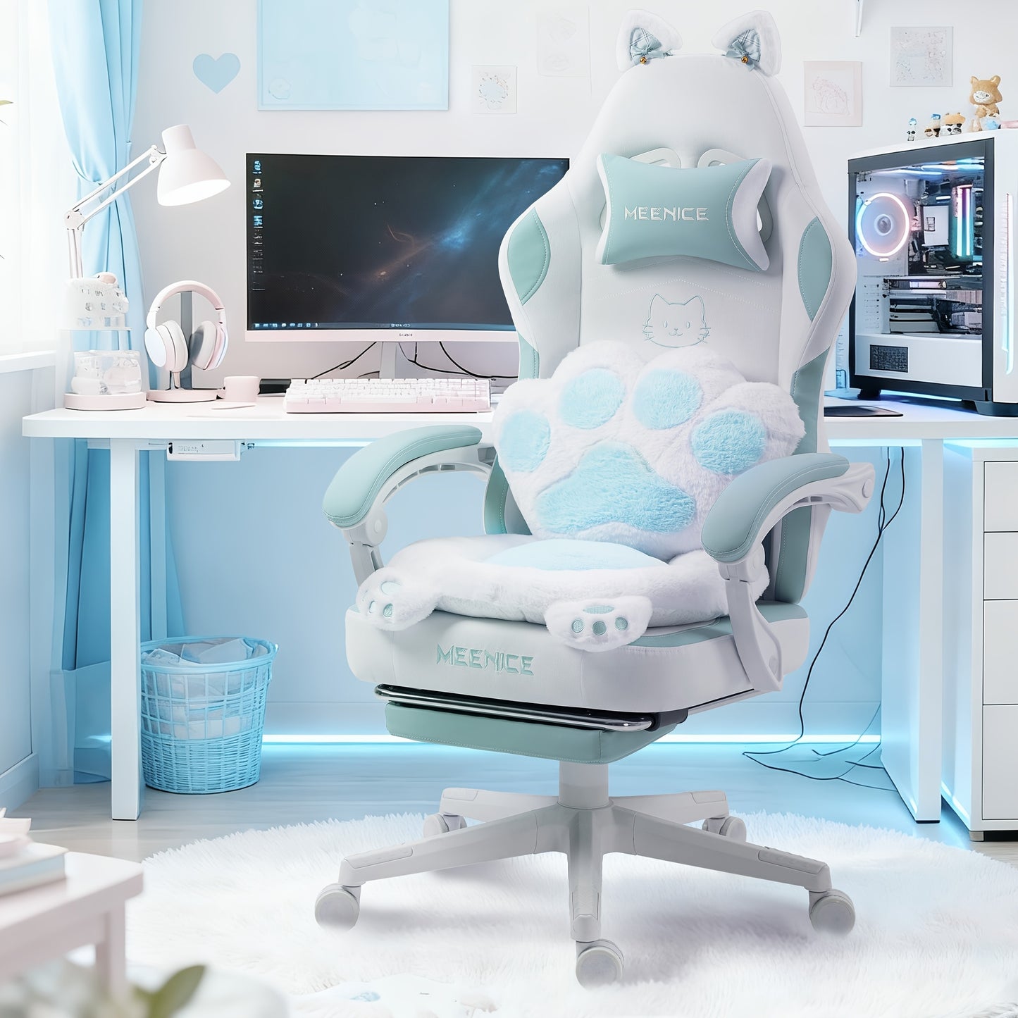 Chaise de Gaming Rose avec Coussin Lombaire Mignon en Forme d'Oreilles de Chat & Repose-Pieds Réglable - Chaise de Bureau Ergonomique pour Filles/Adultes, Capacité de 136,08 KG, Chaise de Gaming Douce avec Design Mignon de Patte de Chat, Confort Ultime !