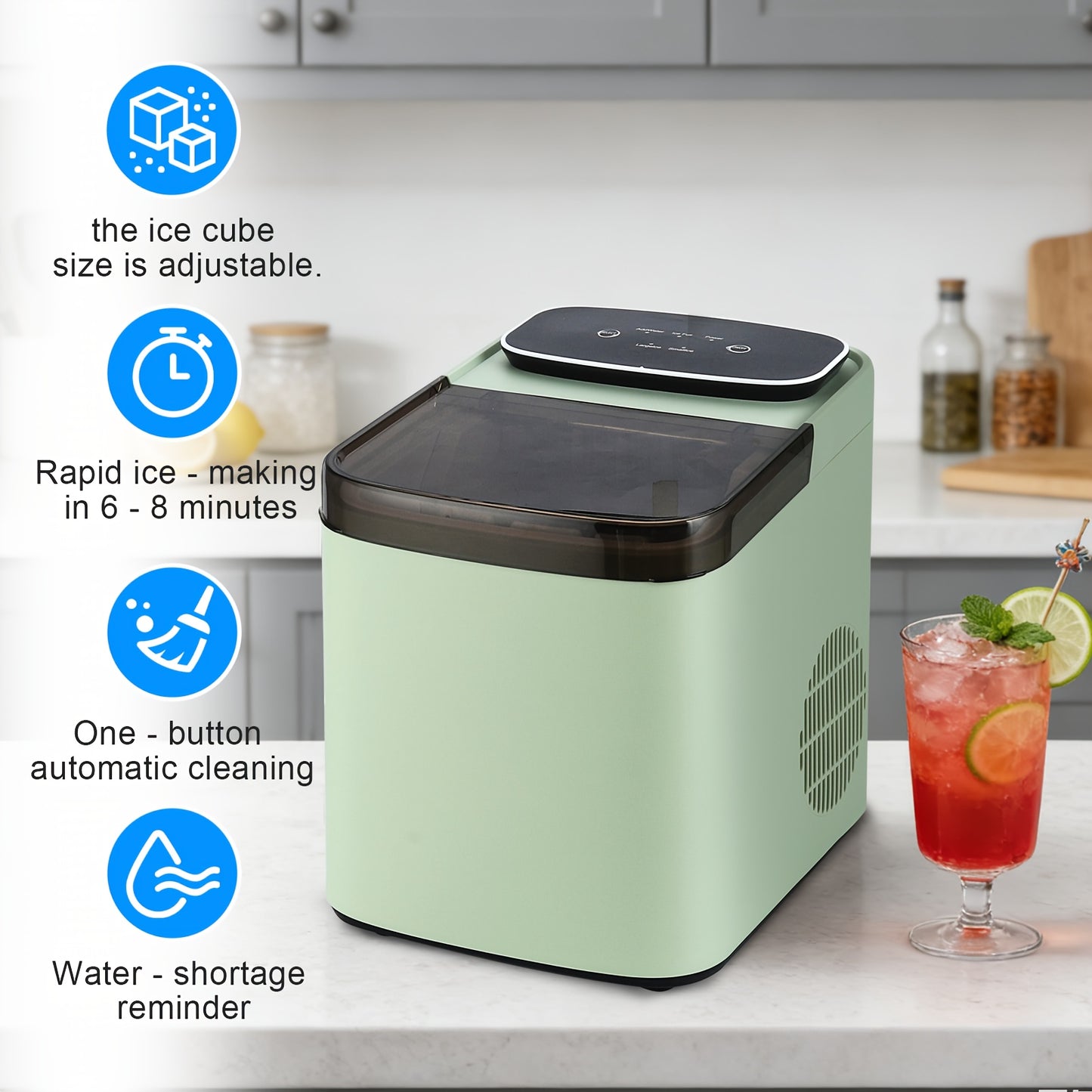 Machine à glaçons, petite machine à glaçons pour la maison et l'extérieur, avec une fenêtre transparente, tailles de glaçons réglables, livrée avec une poignée portable, parfaite pour les cuisines, les bureaux, les fêtes et autres occasions, votre compagn