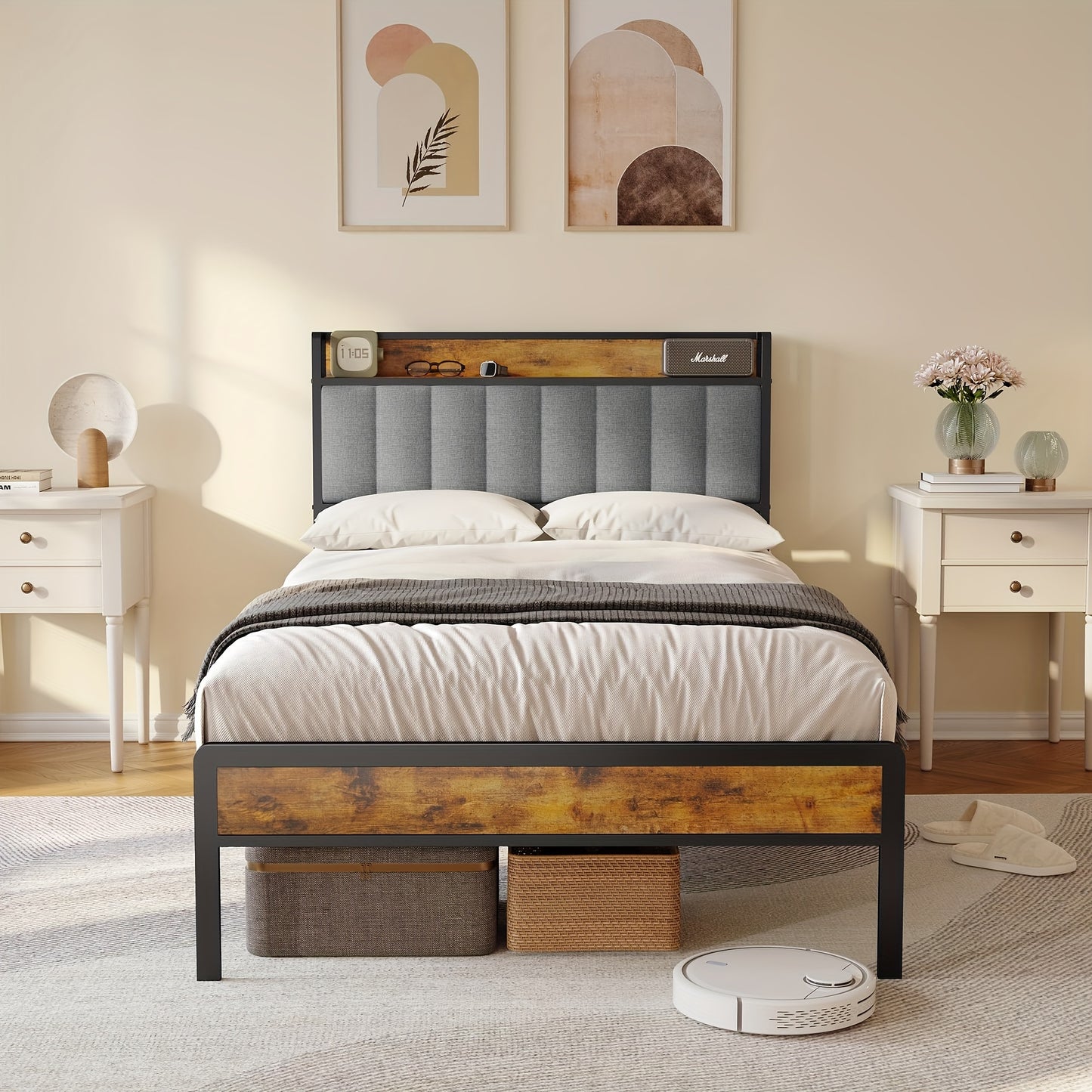 Lit double élégant et tendance en bois rembourré avec cadre en métal, support à lattes en bois et tête de lit ergonomique - Parfait pour n'importe quelle chambre (Gris foncé, Gris)