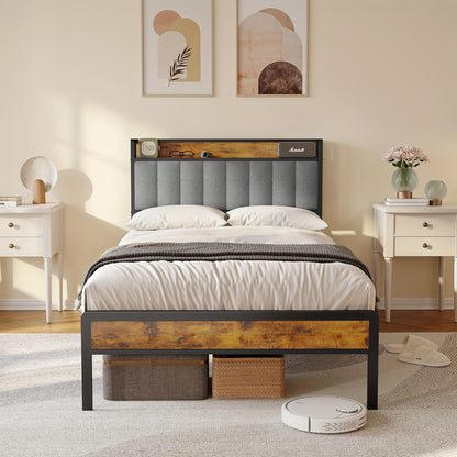 Lit double élégant et tendance en bois rembourré avec cadre en métal, support à lattes en bois et tête de lit ergonomique - Parfait pour n'importe quelle chambre (Gris foncé, Gris)