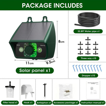 Kit pour système d'irrigation goutte à goutte automatique alimenté par énergie solaire, comprenant un équipement solaire de 1,1 W pour le jardinage extérieur et intérieur. Il comprend 12 modes de temporisation et est idéal pour les jardins, les serres et