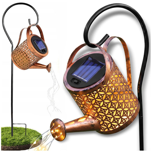 Lanterne de Jardin LED à Énergie Solaire XXL en Forme d'Arrosoir avec Capteur de Crépuscule. Lampe Solaire Décorative avec Eau Coulante et Effet de Goutte LED. Arrosoir Suspendu en Métal sur Support, 83 cm, pour Jardinières, Pelouses et Parterres de Fleur