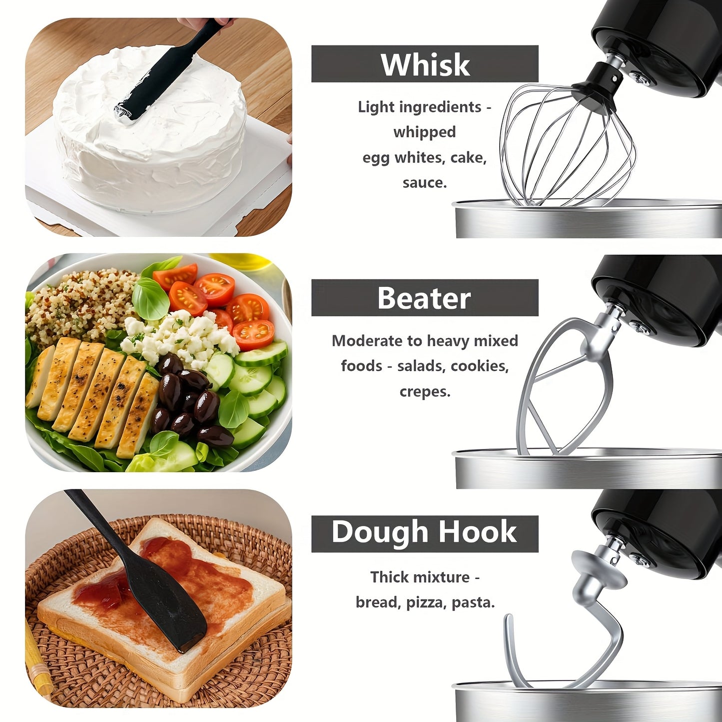 Robot Culinaire 3-en-1, Mélangeur Inclinable 10 Vitesses avec Bouton Pulse, Incluant Bol en Acier Inoxydable de 5,5 L, Crochet à Pâte, Mélangeur, Batteur à Œufs, Spatule