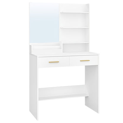 Bureau à vanité avec miroir, un meuble avec quatre étagères ouvertes et deux compartiments, ainsi que deux tiroirs, idéal pour la chambre ou le salon, couleur blanc