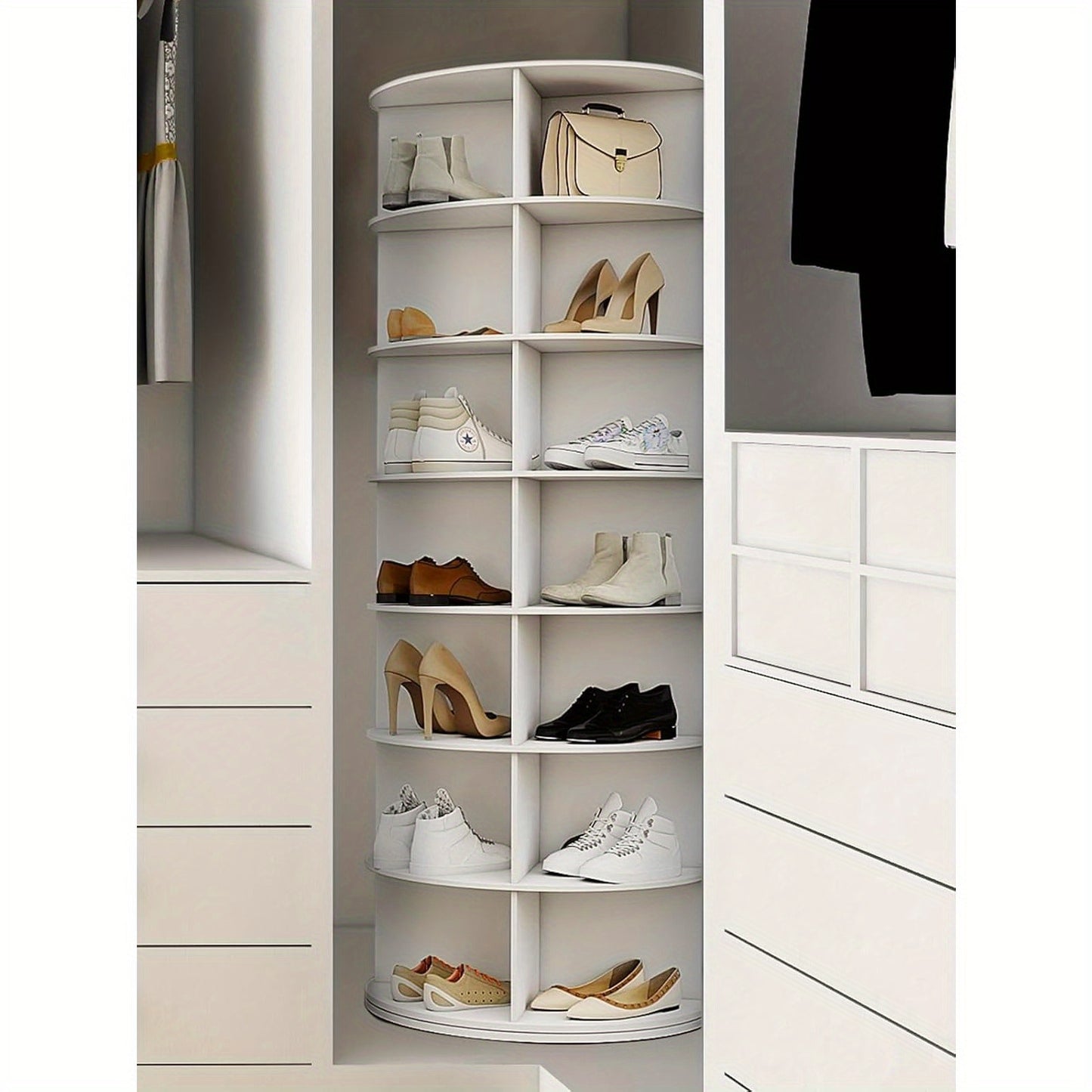 à chaussures rotative 5/6/7 niveaux pour 20/24/28 chaussures, présentoir rotatif à 360°, organisateur Lazy Susan blanc, étagère à chaussures, carrousel de rangement rond vertical pour chapeaux et sacs à main