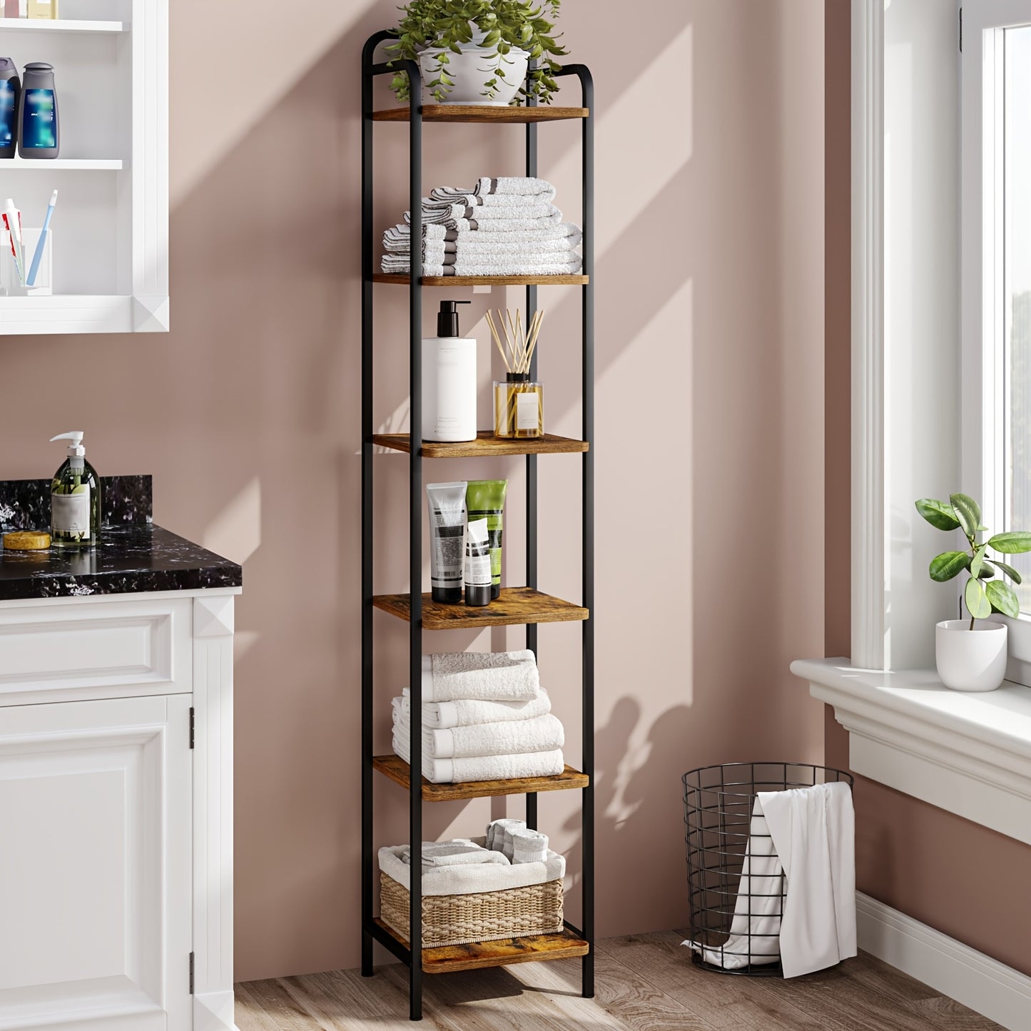 Étagère, Bibliothèque, Étagère Debout, Bibliothèque Étroite, Étagère d'Angle Industrielle, Étagère Mince pour Bureau à Domicile, Salon, Chambre, Cuisine, 6 Niveaux Vintage Marron-Noir
