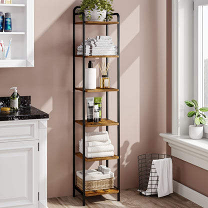 Étagère, Bibliothèque, Étagère Debout, Bibliothèque Étroite, Étagère d'Angle Industrielle, Étagère Mince pour Bureau à Domicile, Salon, Chambre, Cuisine, 6 Niveaux Vintage Marron-Noir