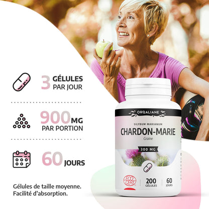 Chardon-Marie Biologique | 900 mg/jour | Silybum marianum | Certifié Ecocert | 200 Gélules