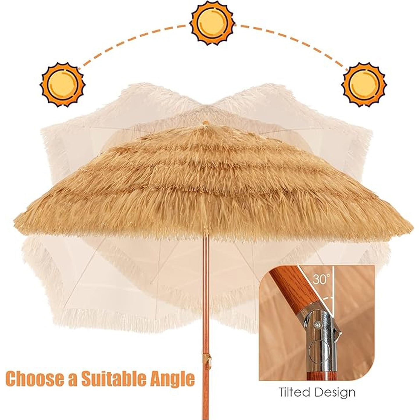 Parasol de Plage 200 cm, Parapluie Hawaïen Protection Solaire, Parapluie en Raphia, Pliable, Balcon, Jaune Paille