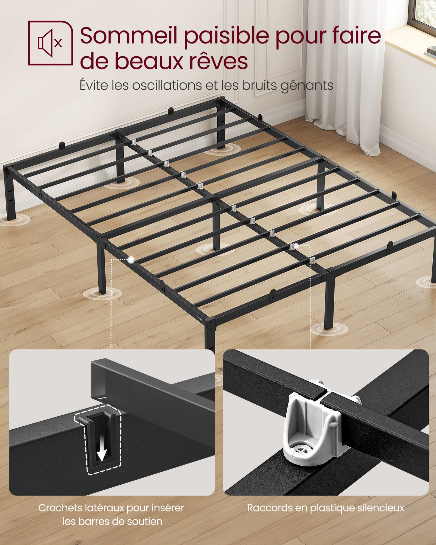 Cadre de Lit 140 x 190 avec Sommier Métal, Cadre en Métal, lit double, Espace de Rangement au Dessous, Moderne, Lit d'Invité, Montage Facile