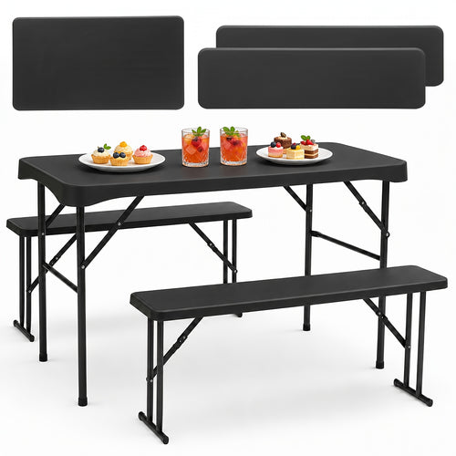 Ensemble de jardin de bière pliable 110 cm (table et 2 bancs), plastique PP robuste avec surface antidérapante, capacité de charge de 200 kg, résistant à la rouille, poignées portables, idéal pour une utilisation intérieure/extérieure pour les réunions de