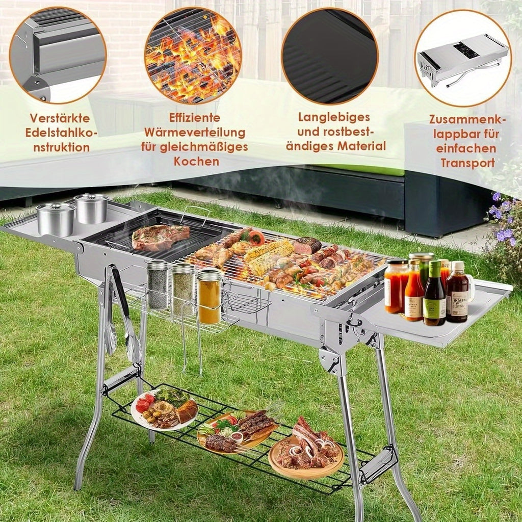 Barbecue au charbon XXL (122 X 30 X 75 cm), Barbecue portable au charbon de bois, Barbecue pliable en acier inoxydable, Barbecue BBQ au charbon de bois avec poêle antiadhésive, Ouvrages de ventilation réglables, Barbecue de camping pour jardin, cour arriè