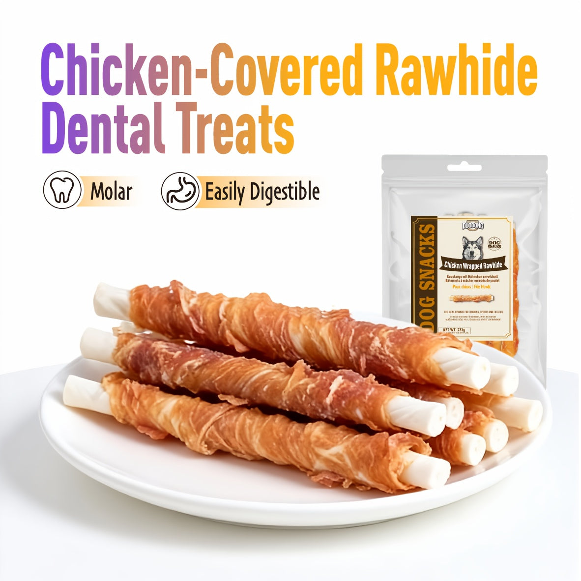 Bâtonnets de cuir cru enveloppés de poulet | Croquettes dentaires naturelles sans céréales et à haute teneur en protéines pour toutes les races de chiens, saveurs boeuf et poulet