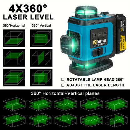Niveau laser 4D vert Gisam 16 lignes avec trépied et contrôle par application, 4 x 360° auto-nivellement horizontal vertical croisé, outil de construction haute précision avec batterie lithium rechargeable, pour rénovation domicile et projets d'ingénierie