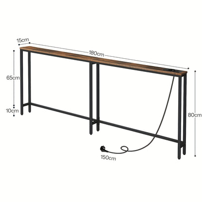 Table de comptoir étroite avec multiprises, table de comptoir avec station de charge, fauteuil étroit, étagère de rangement derrière le canapé, adaptée pour l'entrée et le couloir, marron et noir