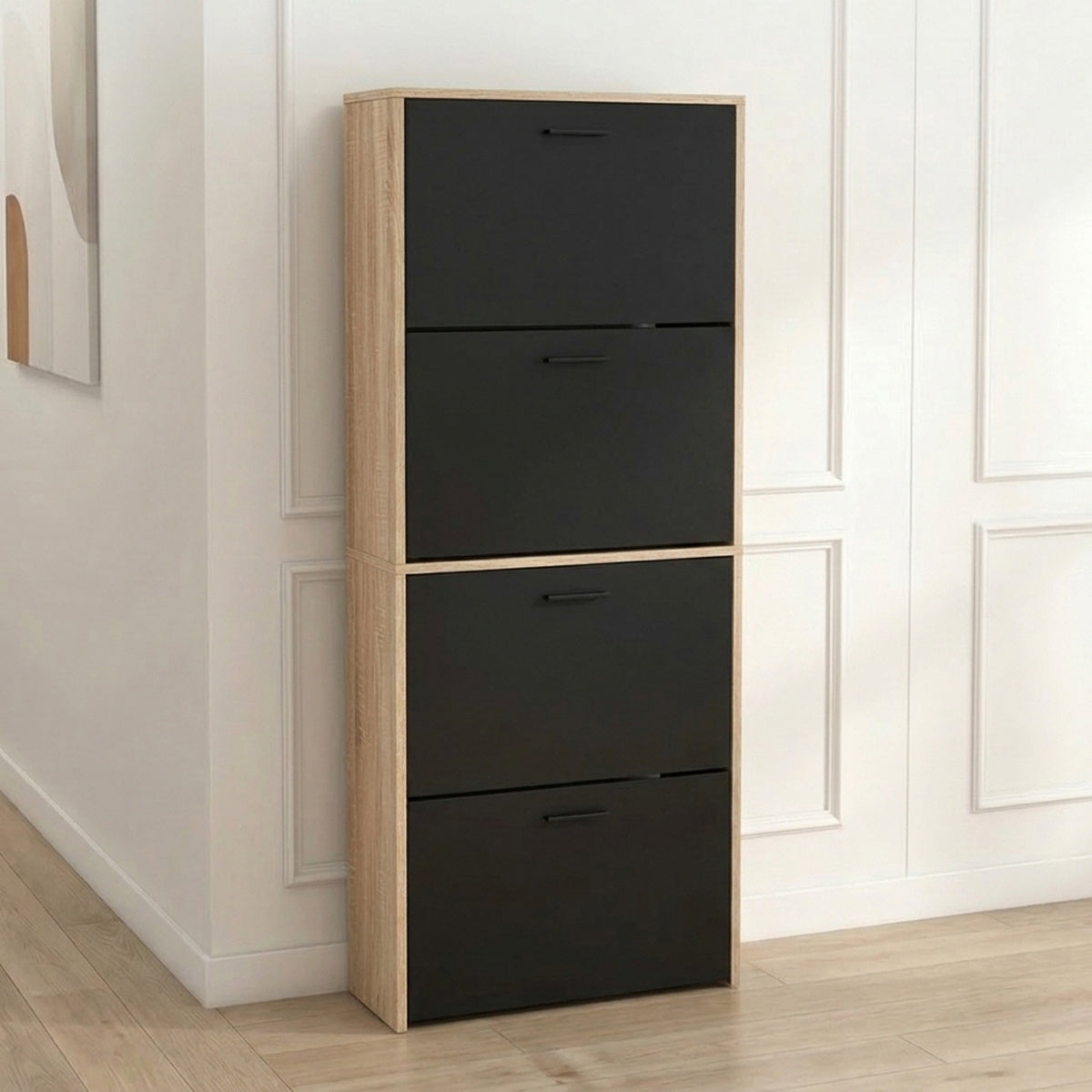 Meuble à chaussures avec 4 compartiments à rabat, armoire à chaussures en bois pour jusqu'à 24 paires, organisateur d'entrée peu encombrant