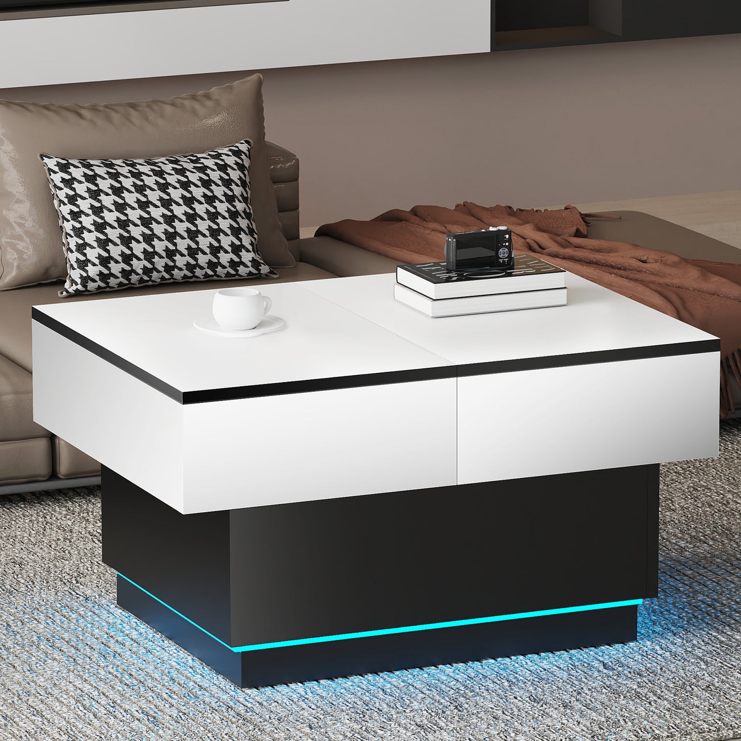 Table basse blanche, table de salon, table d'appoint avec 2 étagères de rangement, 80x58x40 cm, plateau extensible avec bande lumineuse RVB, meuble moderne pour salon, salle de conférence