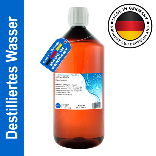 Eau distillée HERRLAN - Eau purifiée - 1 à 10 litres - Eau de laboratoire de haute pureté en qualité pharmaceutique - Fabriqué en Allemagne
