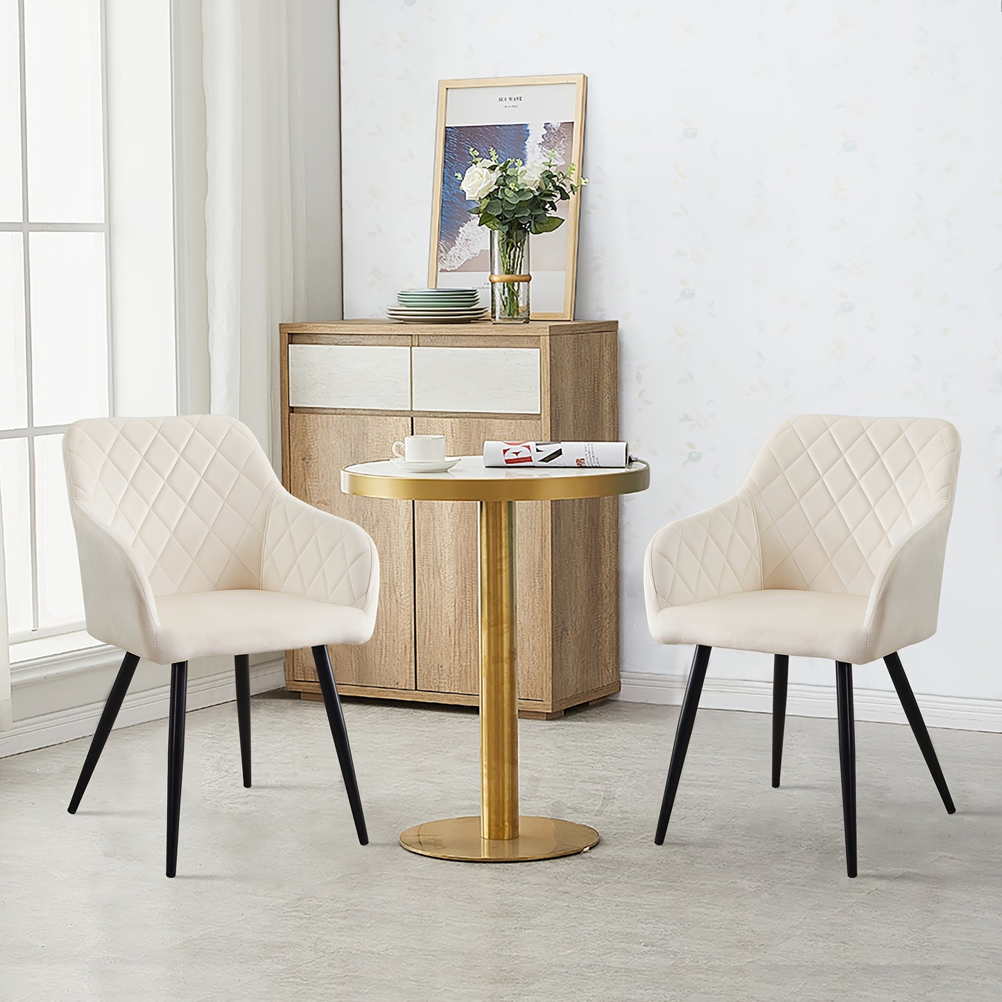 Ensemble de 2 chaises de salle à manger modernes en velours/lin, chaises de loisirs rembourrées avec accoudoirs et pieds en métal, chaises d'angle pour cuisine, salon, bureau à domicile, réception