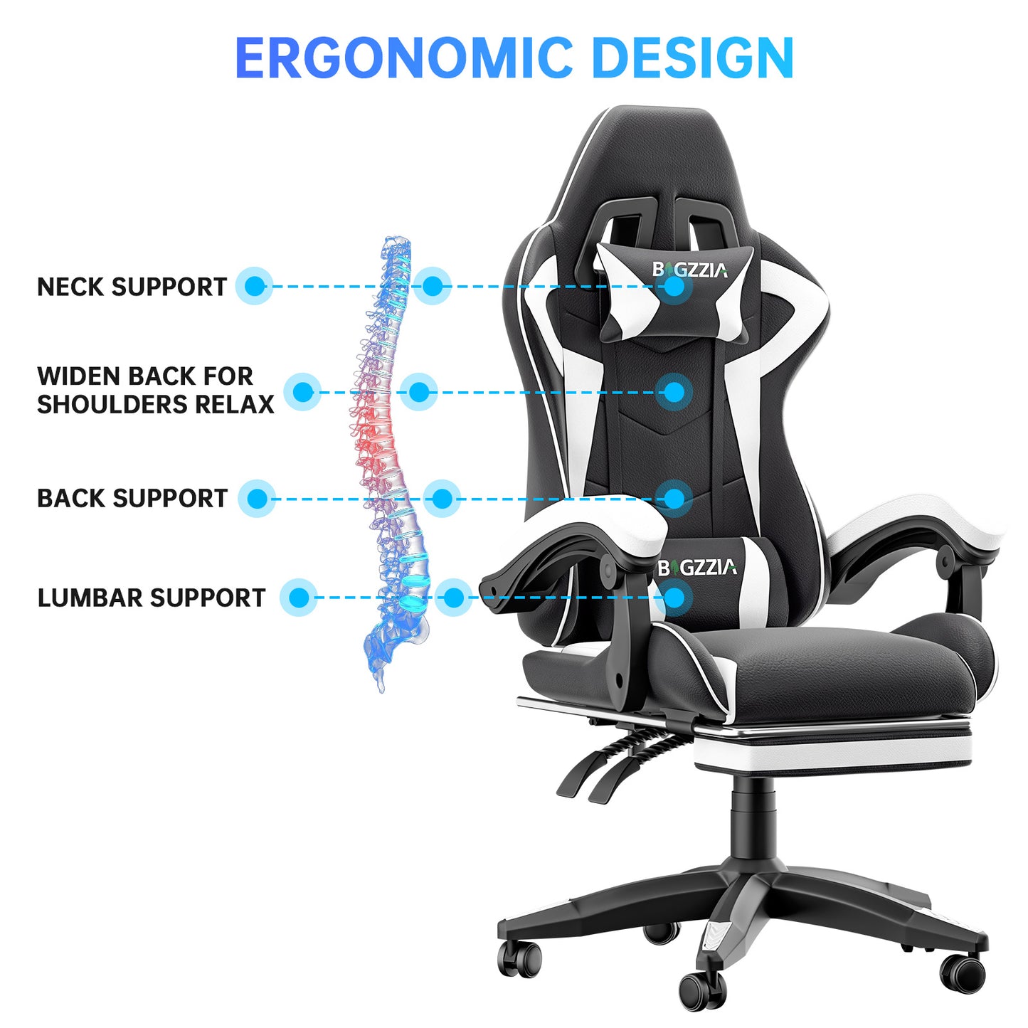 Gartistgo Chaise Gaming Ergonomique - Chaises Gaming avec Coussin Lombaire + Appui-Tête, Chaise de Bureau & Ordinateur Rehausseable pour Adultes, Filles, Garçons (Avec Repose-Pieds)