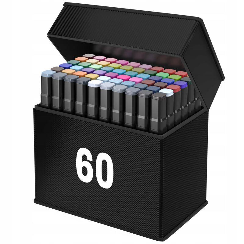 Lot de 60 marqueurs à double pointe à base d'alcool dans une trousse de transport pratique, parfaits pour les artistes, les graphistes et les passionnés de dessin et de manga. Équipés de deux pointes—fine et large—permettant un dessin précis et le remplis