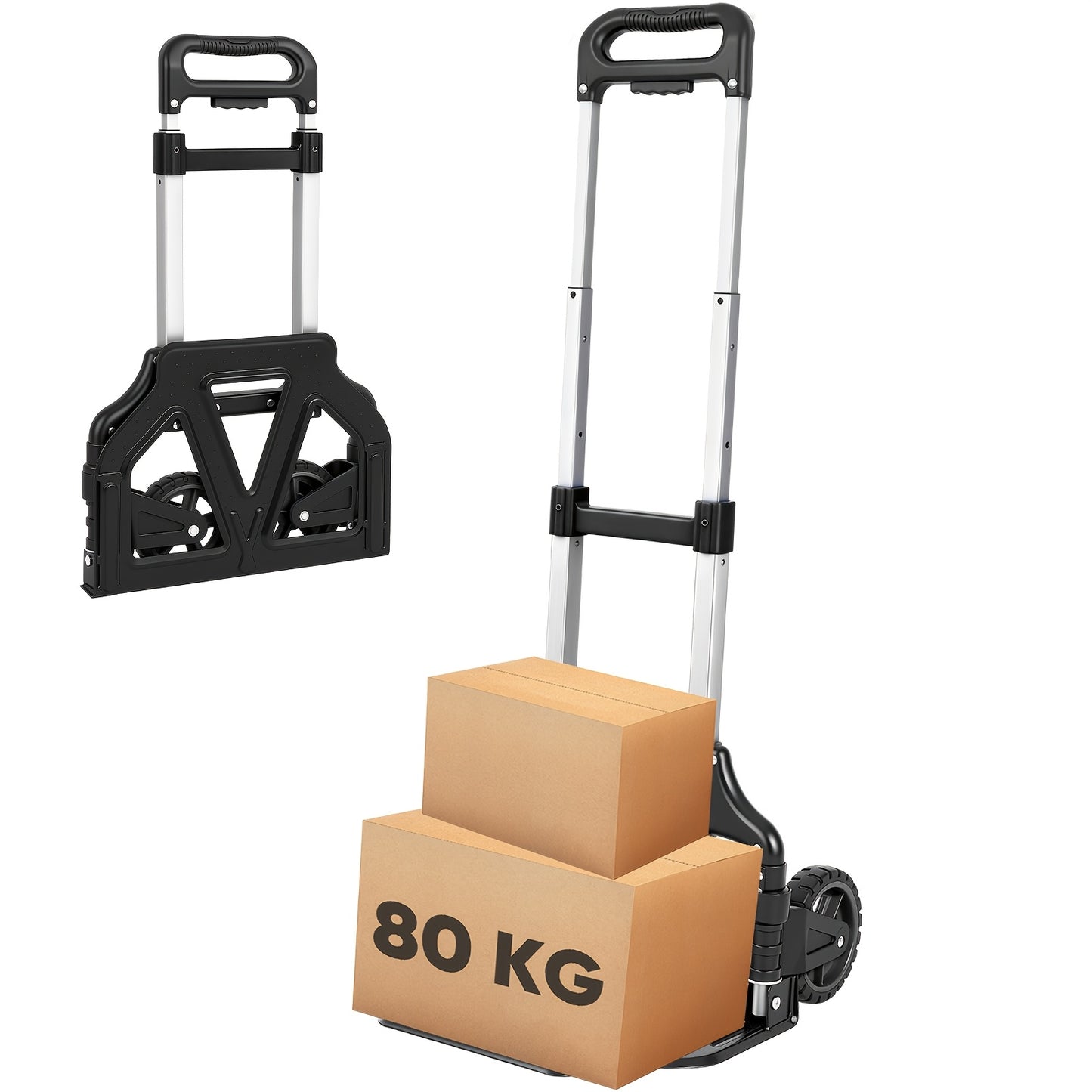 Diable pliant, chariot manuel de transport léger avec une capacité de charge de 80 kg, réglage de la hauteur à 3 niveaux et pliage en quelques secondes, chariot manuel pliant avec roues en TPR, patins antidérapants et poignée ergonomique