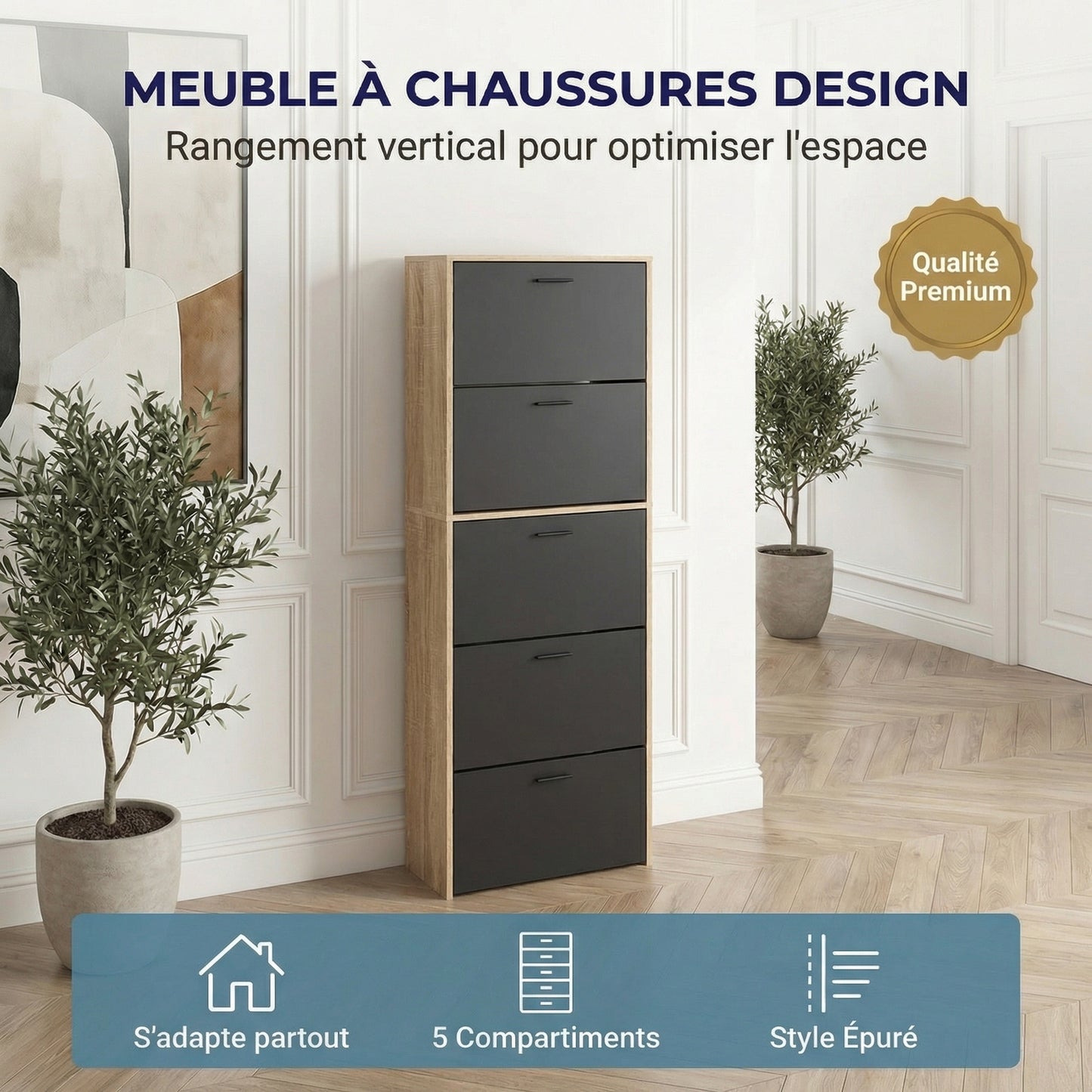 Meuble à chaussures fin avec 5 compartiments à rabat, armoire à chaussures en bois pour jusqu'à 15 paires, organisateur d'entrée peu encombrant