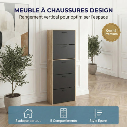 Meuble à chaussures fin avec 5 compartiments à rabat, armoire à chaussures en bois pour jusqu'à 15 paires, organisateur d'entrée peu encombrant