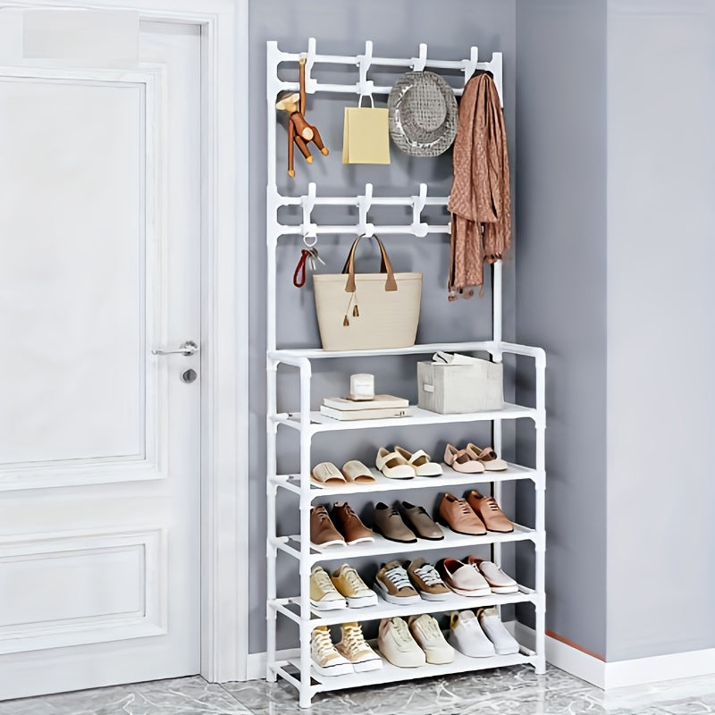 Porte-Chaussures Économiseur d'Espace - Porte-Manteau à 5 Niveaux avec 8 Crochets, Structure Solide en Métal Doré/Plastique, Design Autoportant ou Mural pour Maison, Bureau et Magasin - Idéal pour Ranger Chaussures, Manteaux, Chapeaux, etc., Cadeau d'Hall