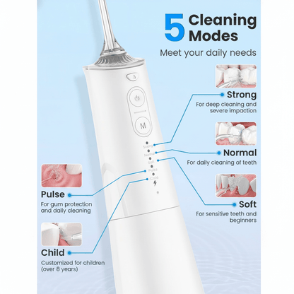 Irrigateur Buccal Portable Rechargeable, Hydropulseur Dentaire, Irrigateur Dentaire Professionnel sans Fil 8 Buses 5 Modes, IPX7 Étanche 300ML pour le Nettoyage des Dents, Maison & Voyage