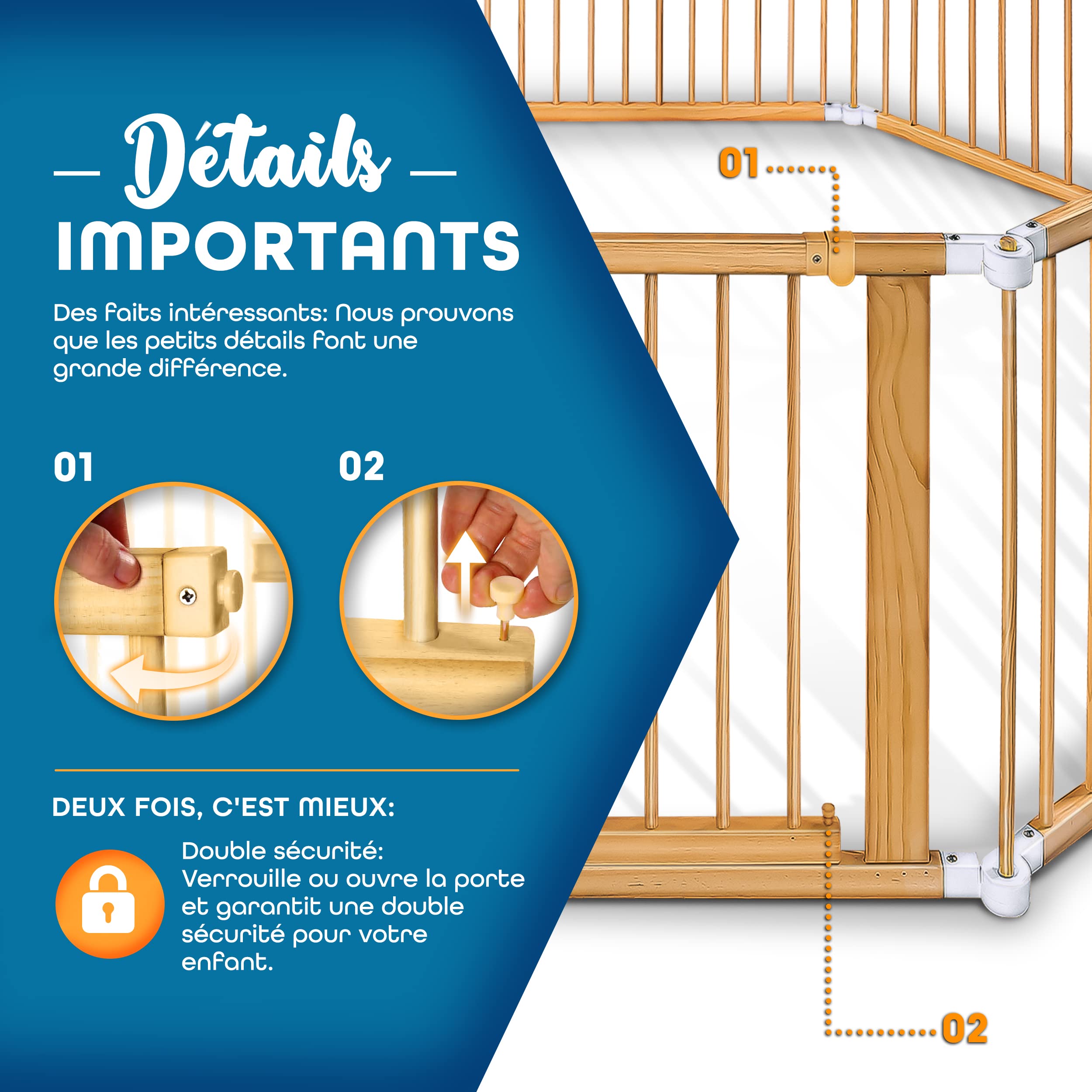 KIDUKU® Parc bébé pliable XXL de 7,2 mètres avec porte | Parc en bois avec double sécurité | Parc pliable pour enfants avec 8 éléments