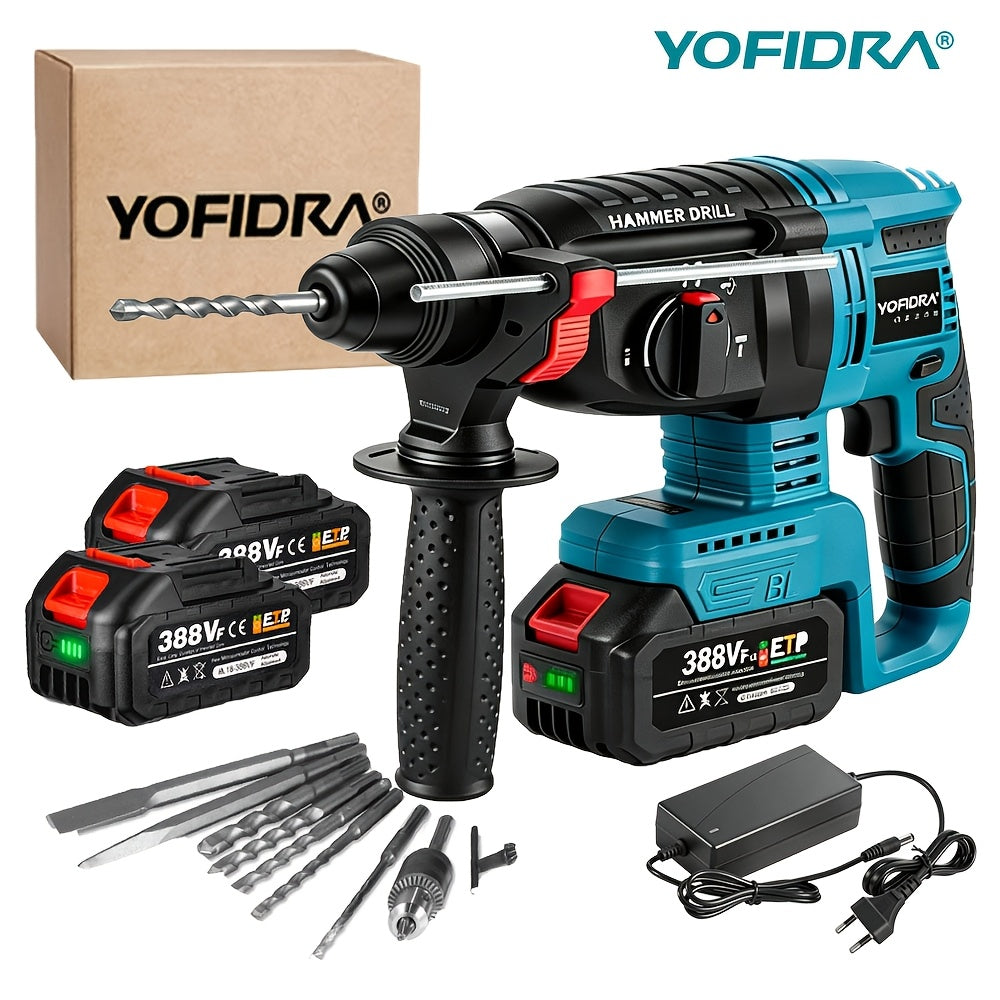 Perceuse à percussion électrique, poignée auxiliaire rotative à 180 degrés, boîte à vitesses 4 vitesses, mandrin métallique 26 mm, perceuse rotative sans fil, adaptée pour percer béton, acier, brique et bois, compatible avec les batteries YOFIDRA