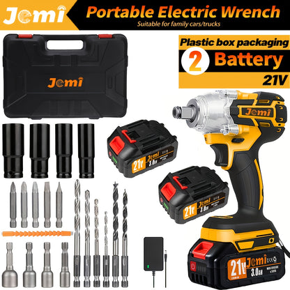 Jemi Tool 21V Clé à Choc sans Fil, Ensemble, Vitesse de 4500 RPM, Couple Élevé, Entraînement 1/2 Pouce, Livré avec Douille ou Adaptateur de Mandrin de Perceuse 13 mm, Batterie 3.0Ah, Chargeur Rapide, Disponible dans un Étui en Plastique, Idéal pour la Rép