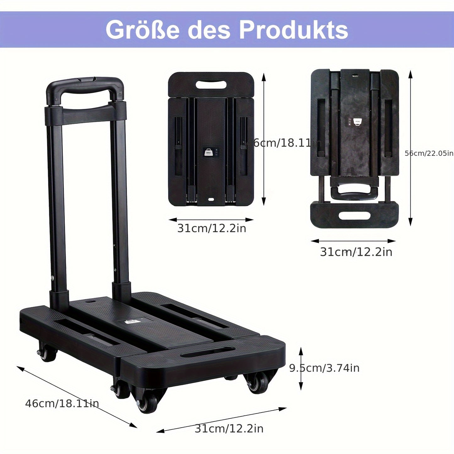 Chariot pliable avec 2 cordes élastiques, 6 roues, capacité 200 kg, pour bagages, voyages, courses, déménagement et bureau