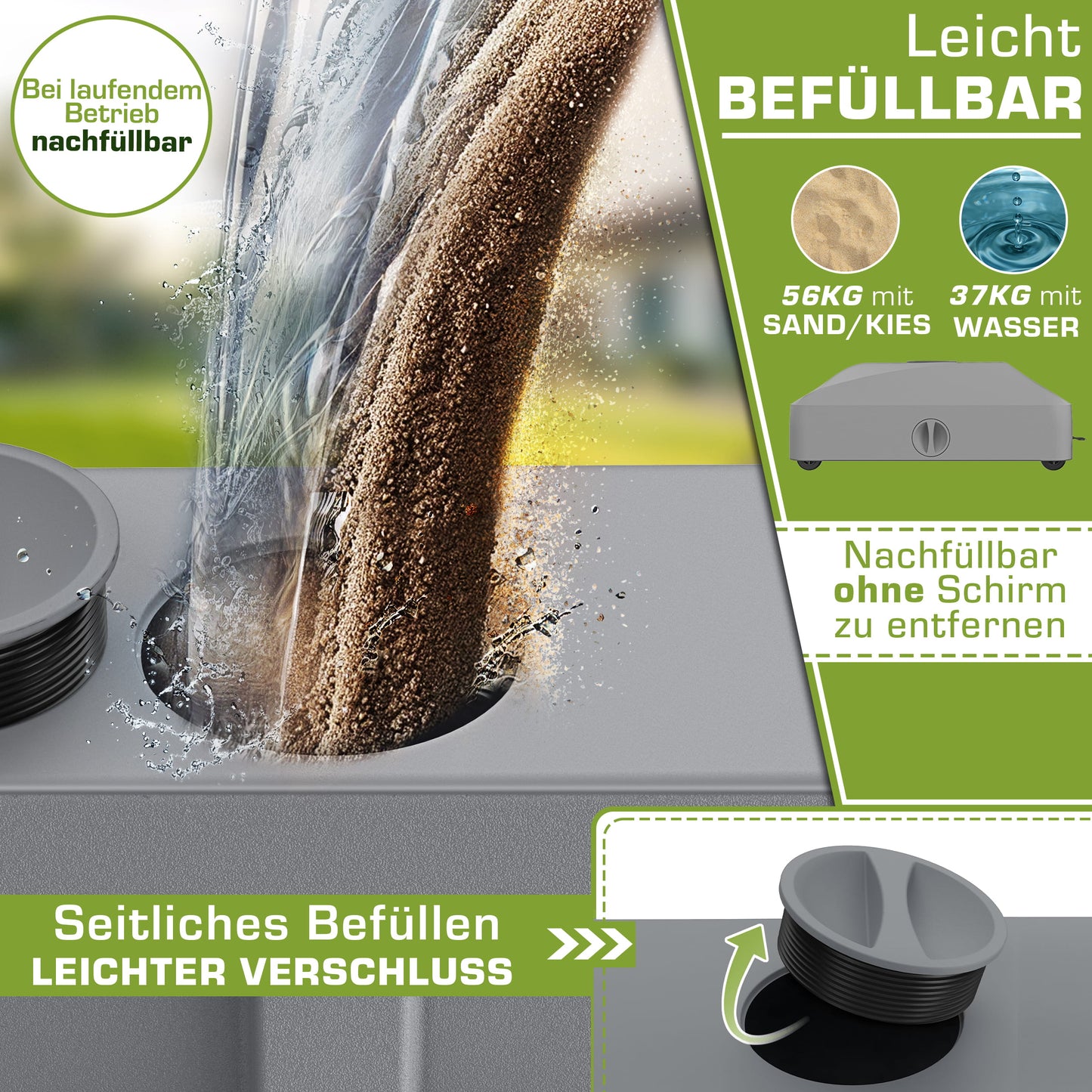 Tillvex® Support de Parasol GRAVIA avec Roues et Freins | Support de Parasol Remplissable 37 Litres / 56 kg | Adapté aux Parasols de Soleil et de Marché Ø 1,8-3,7 m | Roulable, Résistant aux Intempéries et aux UV pour Balcon, Terrasse, Jardin, Petits et G