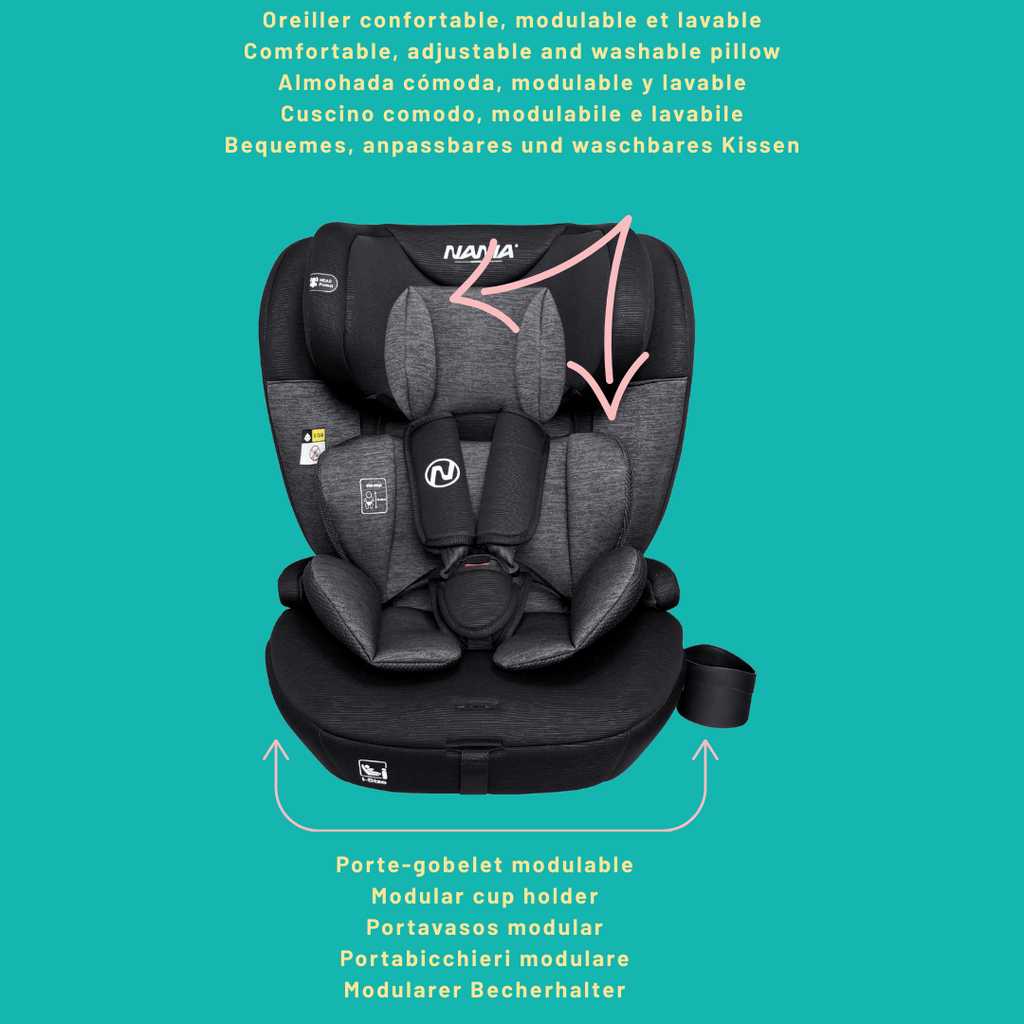 Siège auto bébé évolutif 76-150 cm, 15 mois à 12 ans, Têtière ajustable 12 niveaux de réglages, Protections latérales, Porte gobelet, Housse amovible et lavable
