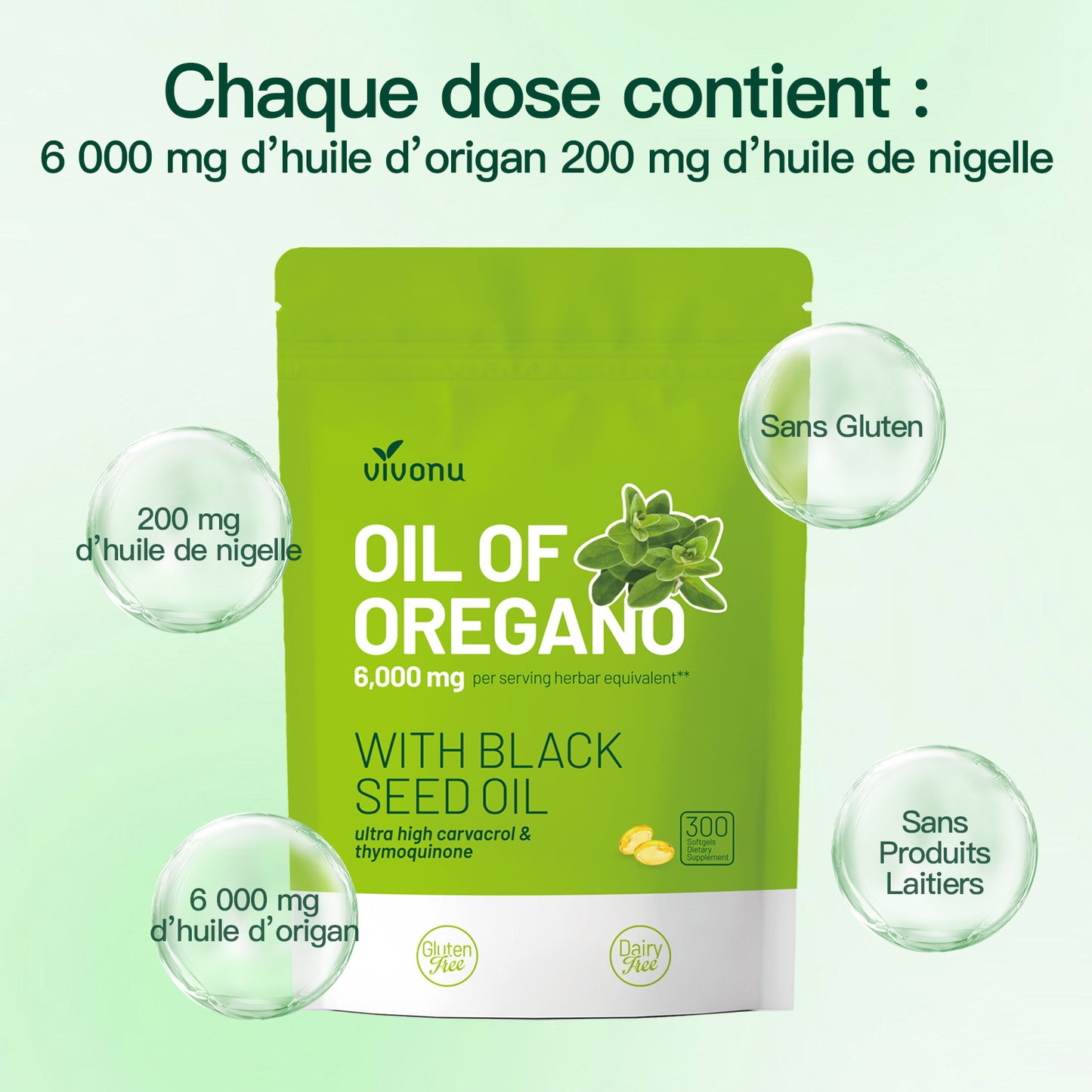 VIVONU Huile d'origan plus huile de graine noire, huile d'origan équilibrée en capsules, gélules d'huile d'origan, carbophénol, thyquinone
