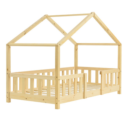 Lit pour enfants Treviolo de style maison avec protection contre les chutes en bois de pin
