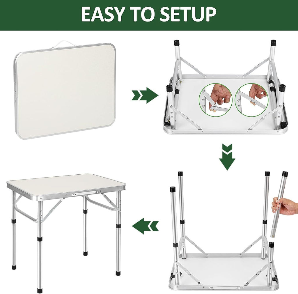 Table pliante 2 pieds robuste à hauteur réglable, table de camping portable avec poignée de transport, pour intérieur extérieur jardin fête BBQ 60x45x26/56 cm en aluminium, bureau BBQ pour cuisine extérieure