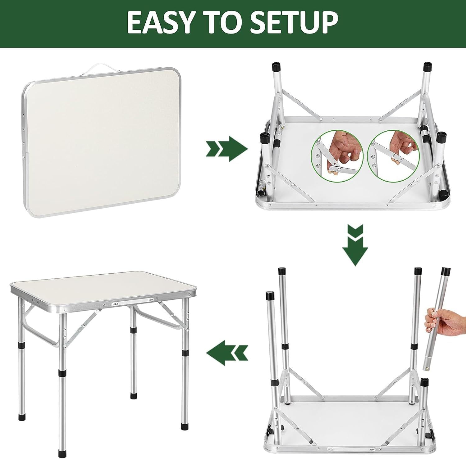 Table pliante 2 pieds robuste à hauteur réglable, table de camping portable avec poignée de transport, pour intérieur extérieur jardin fête BBQ 60x45x26/56 cm en aluminium, bureau BBQ pour cuisine extérieure