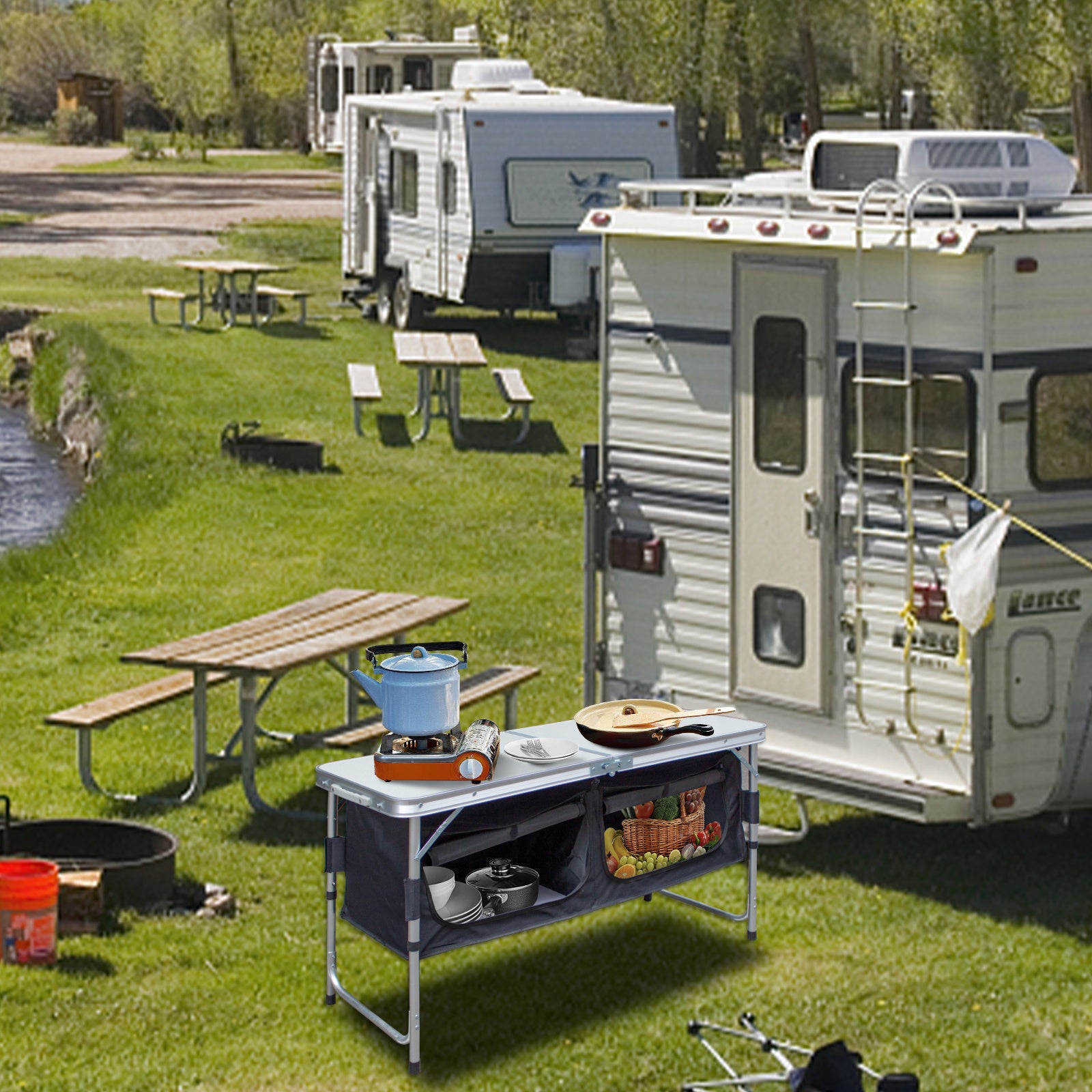 Cuisine de camping pliable avec rangement | Armoire de camping légère pour auvents et voyages | 2 tables/3 tables