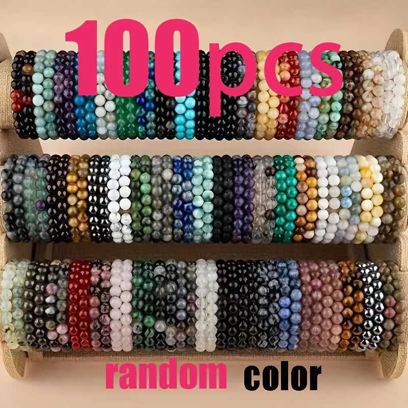 Ensemble de bracelets de perles de verre exquis et tendance de couleur aléatoire, 100 pièces, perles colorées en marbre et verre, motifs uniques, perles rondes de 8 mm en 8 couleurs au choix, conception élastique multicouche, convient aux hommes et aux fe