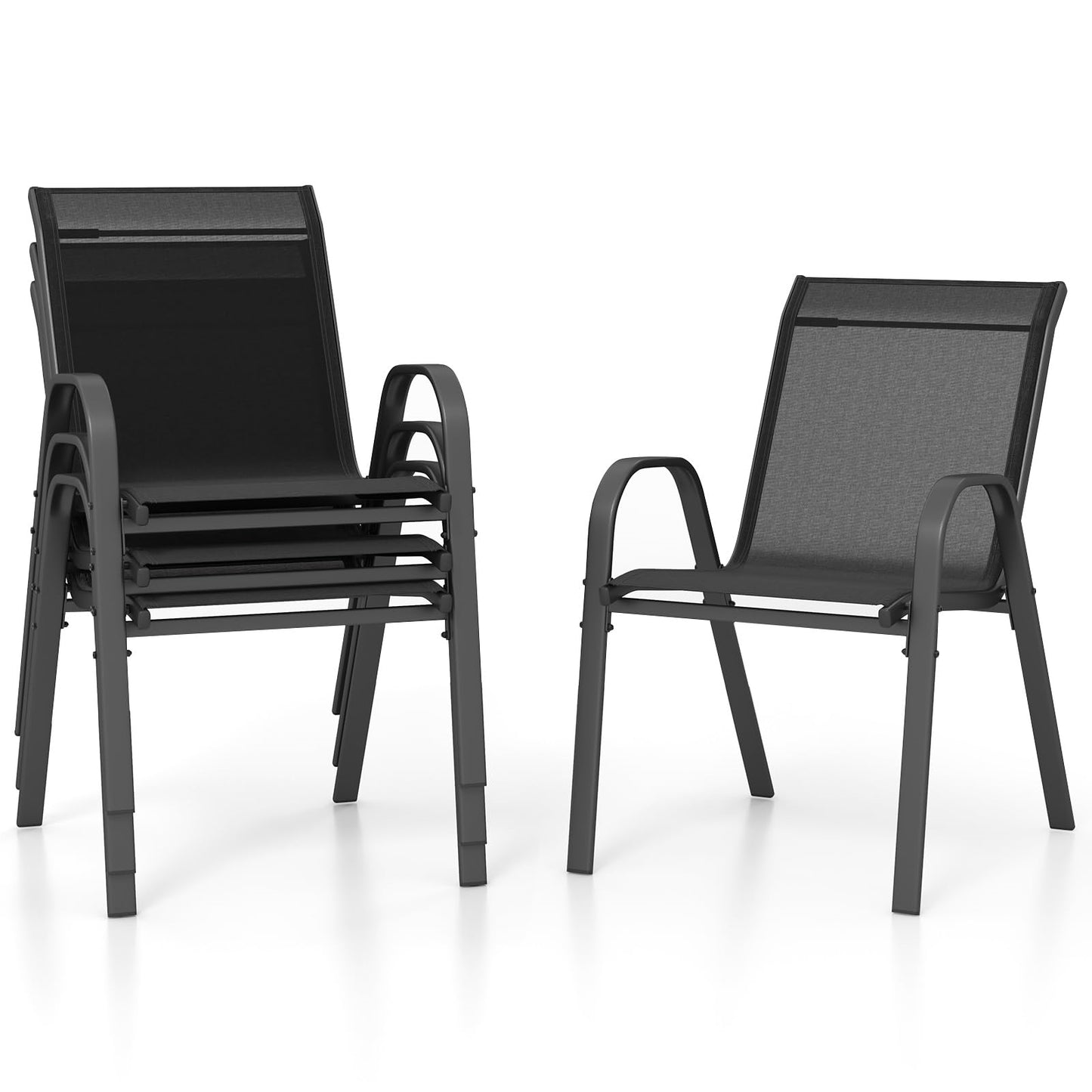 Ensemble de 4 chaises de jardin empilables, chaises de patio en textilène et cadre métallique avec accoudoirs, chaises de balcon avec capacité de charge de 150 kg, 56 x 70 x 84 cm (Noir)