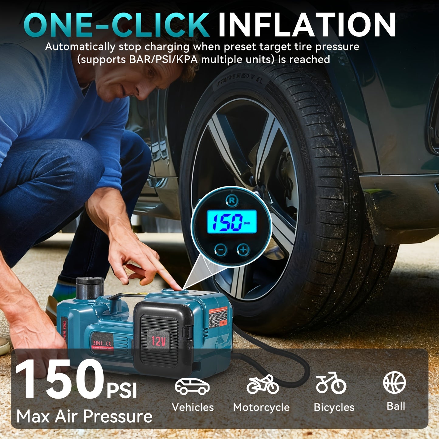 Cric Électrique 5 Ton 12V Cric Hydraulique avec Pompe de Gonflage, Lumière LED et Affichage Numérique, pour SUV MPV Berline Camion Changement de Pneus Réparation Garage, Hauteur de Levage de 5.7 à 52.83 cm