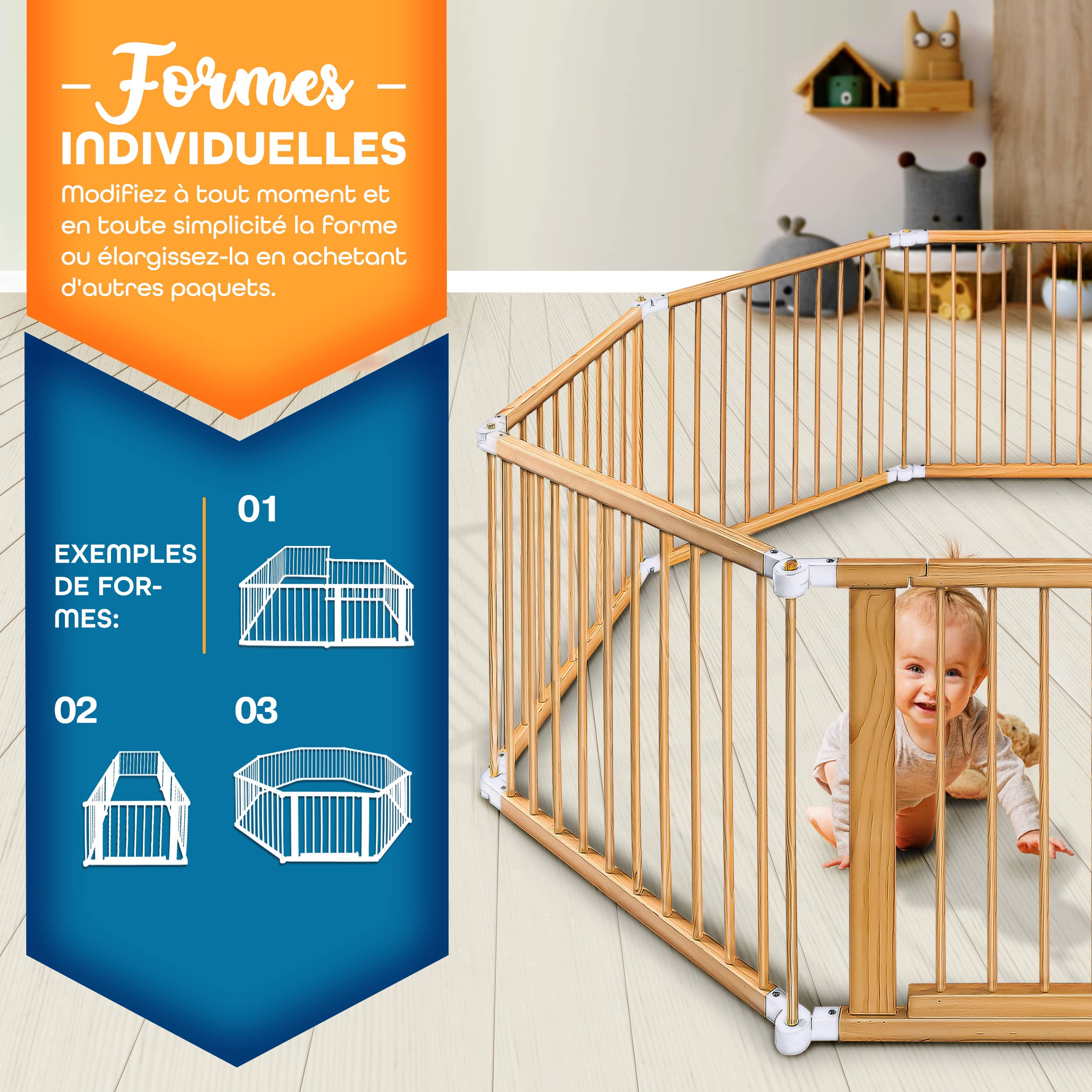 KIDUKU® Parc bébé pliable XXL de 7,2 mètres avec porte | Parc en bois avec double sécurité | Parc pliable pour enfants avec 8 éléments