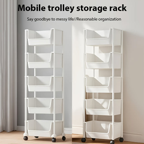 Étagères à roulettes à 5 niveaux, étagère sur pied, assemblage sans outil et étagères en plastique léger pour salon, organisateur de pièce polyvalent, design ludique, roulettes coulissantes fluides, étagères d'angle