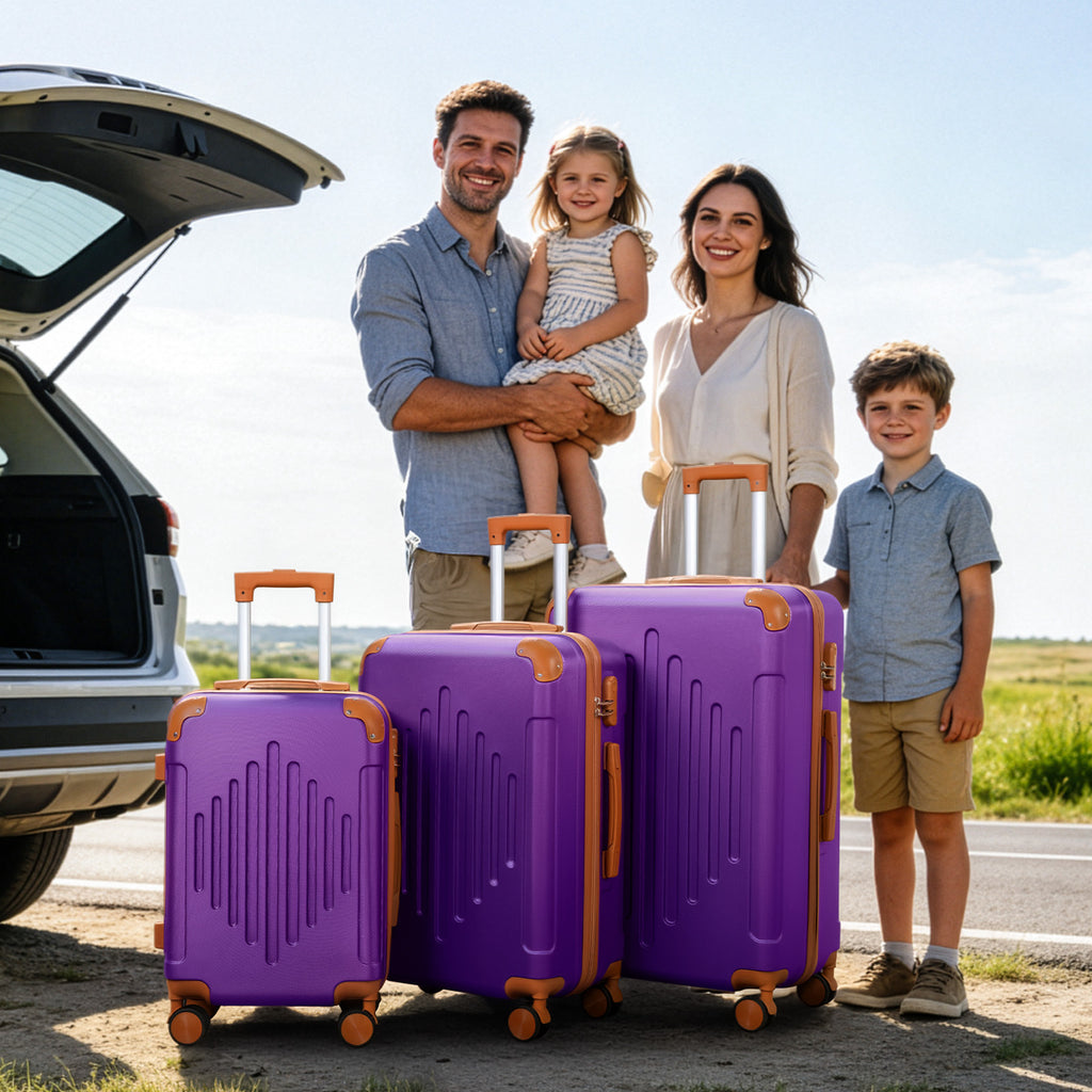 Ensembles de Valises, Coffres Rigides Durables 3 Pièces avec Roulettes Spinner, Ensemble de Bagages Léger et Résistant, Grand Ensemble de Valises de Voyage (20" 24" 28"), Violet Foncé Associé au Marron