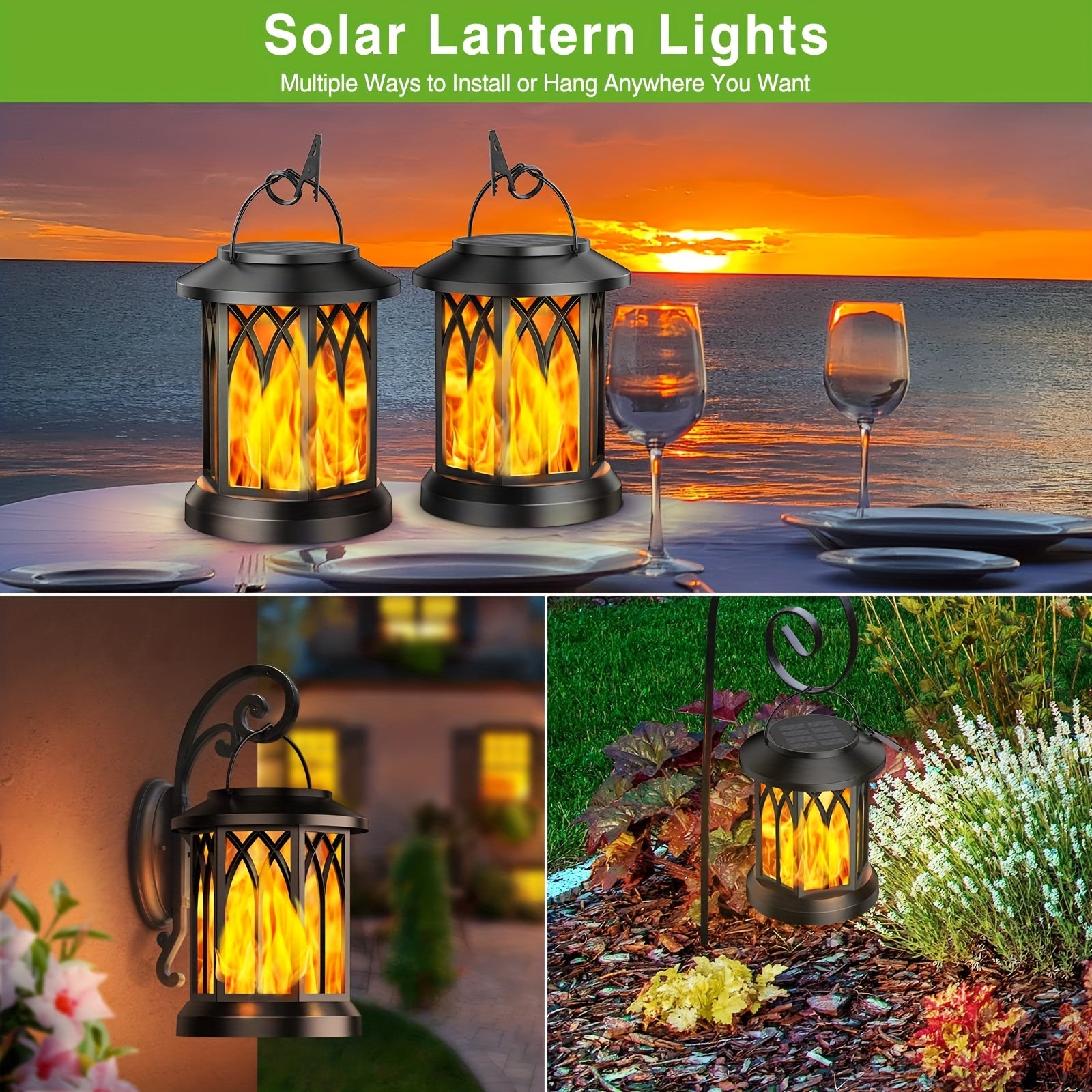 2 Pack Lumières Solaires Extérieures, Lanternes Solaires Suspendues avec Effets de Flamme, Décoration de Jardin IPX5 avec Pinces pour Extérieur, Cour, Balcon, Halloween